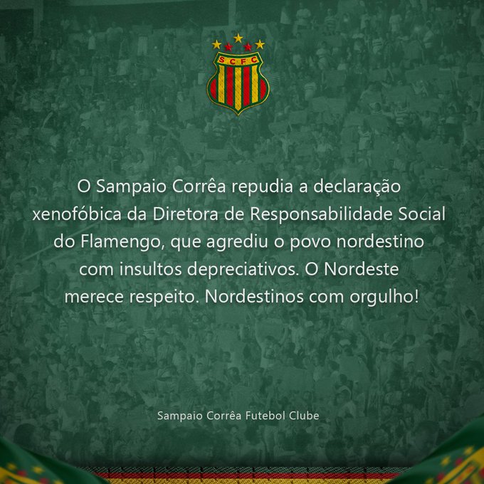 “Perdemos onde se passa férias”, fala xenofóbica de diretora do Flamengo é repudiada por clubes nordestinos