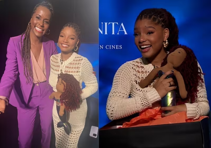Maju Coutinho presenteia Halle Bailey, a Ariel, com boneca preta feita por brasileiras